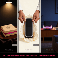 Gift box, unboxing and living room views of the transparent RGB Bluetooth speaker, a branded corporate gift for teams with pan-India bulk delivery
