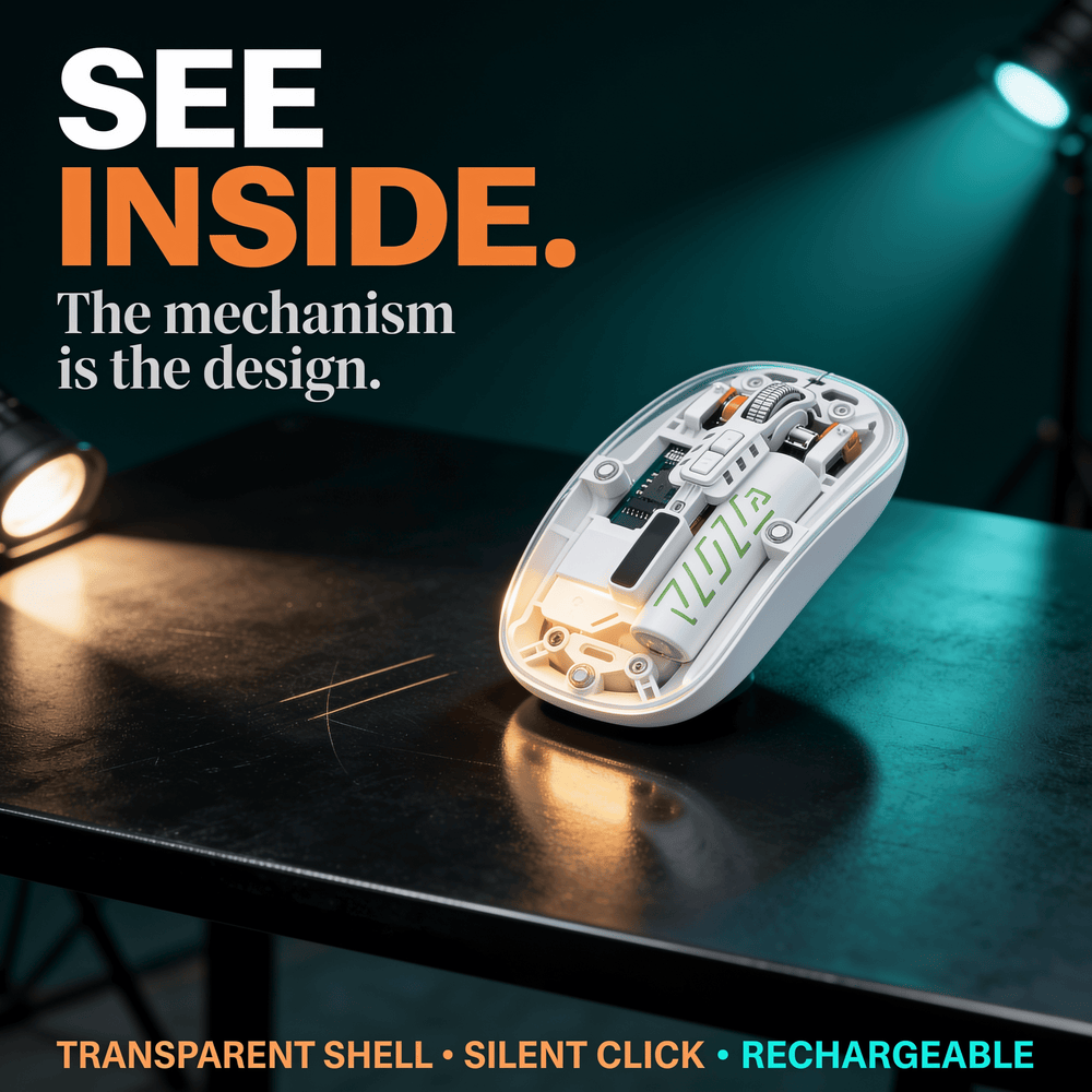 Transparent wireless mouse with a clear top shell lit against a dark studio background, internal circuit board and metal scroll wheel visible through the shell