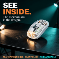 Transparent wireless mouse with a clear top shell lit against a dark studio background, internal circuit board and metal scroll wheel visible through the shell