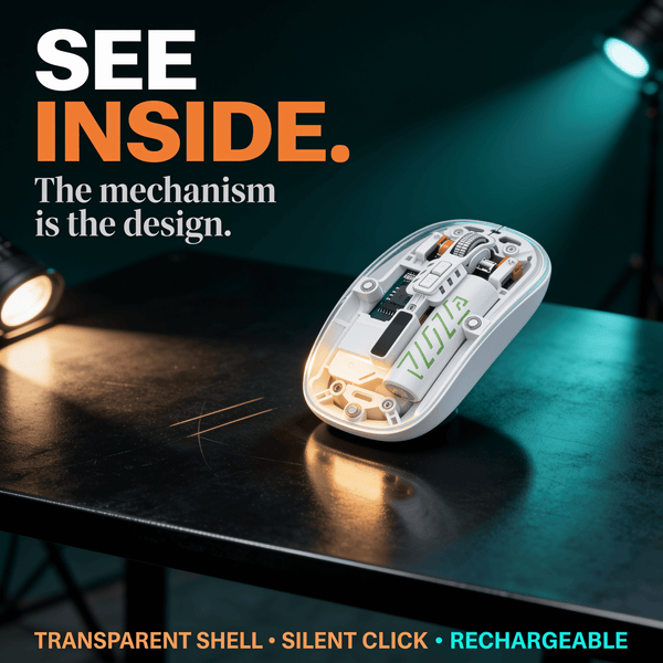 Transparent wireless mouse with a clear top shell lit against a dark studio background, internal circuit board and metal scroll wheel visible through the shell