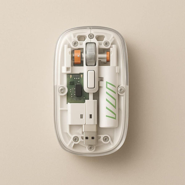 Top view of the white transparent wireless mouse showing the green circuit board, rechargeable cell and the USB receiver stowed inside the body
