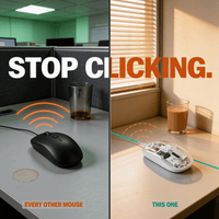 Silent wireless mouse on a calm desk beside a noisy wired mouse, comparing click noise in an open-plan office