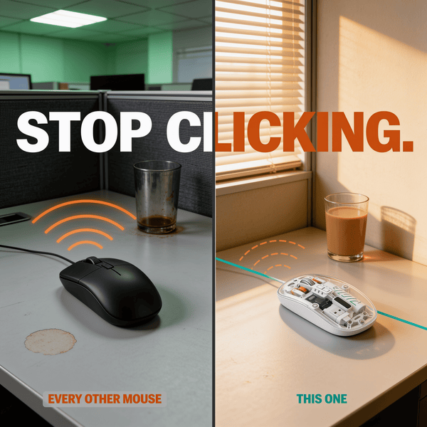 Silent wireless mouse on a calm desk beside a noisy wired mouse, comparing click noise in an open-plan office