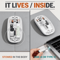 Wireless receiver stowed inside the transparent mouse body and then plugged into a laptop port, showing USB-A and Type-C connectivity