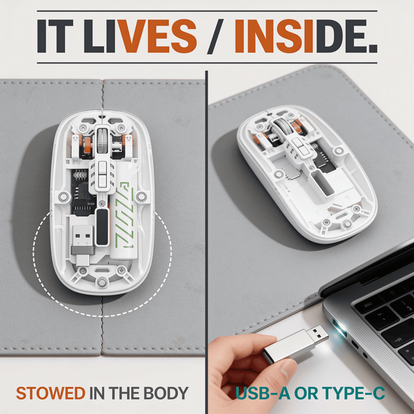 Wireless receiver stowed inside the transparent mouse body and then plugged into a laptop port, showing USB-A and Type-C connectivity