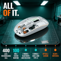 Specification view of the transparent wireless mouse listing the 400 mAh rechargeable cell, 100 hours stated runtime, dual mode connectivity and optical sensor