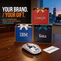 Transparent wireless mouse branded for corporate gifting beside logo-printed gift boxes in a boardroom, custom logo bulk orders for companies across India