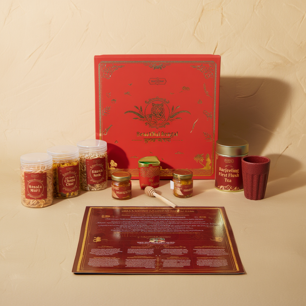 Bespoke curation — top-down flat lay of every item in the Beautiful Bengal Box